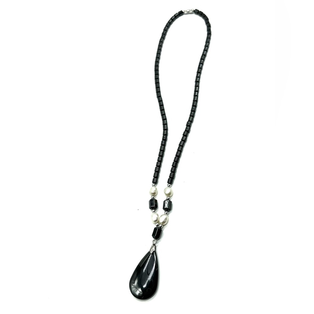Black Hemotite Necklace Drum Beads Chunky Statement Hemotite Stone Pendant - Picture 6 of 7